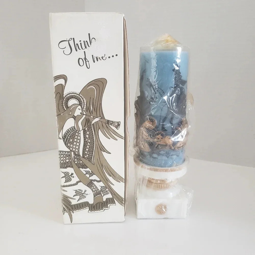 1980s Christmas Adoration Nativity Silhouette Scene Blue Candle with  Stand.